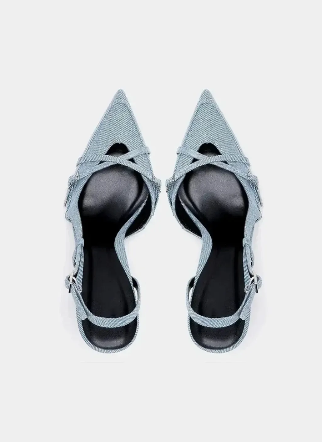 Light Blue Denim Heels with Crossover Straps — a pair designed to be worn everywhere