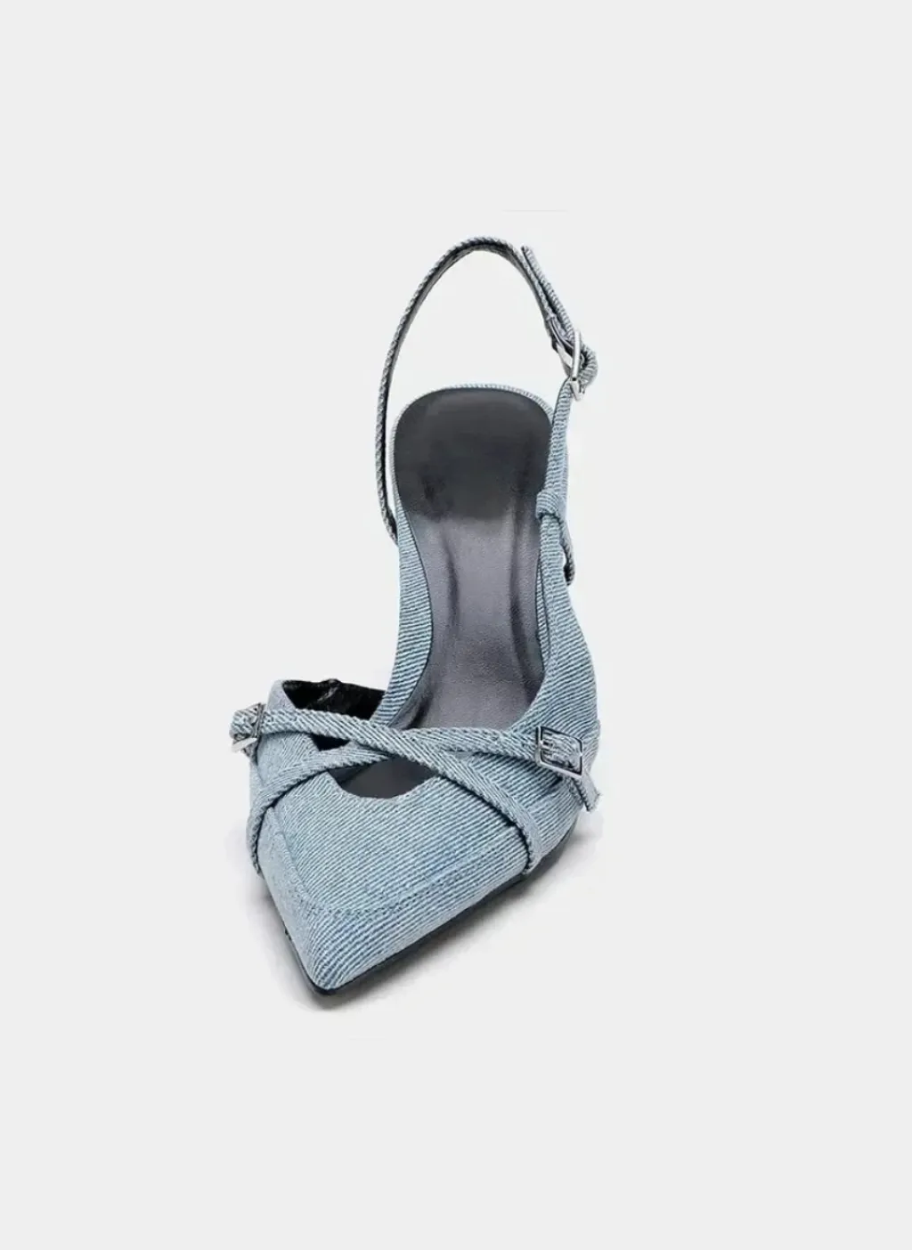 Light Blue Denim Heels with Crossover Straps — quality denim, made to last
