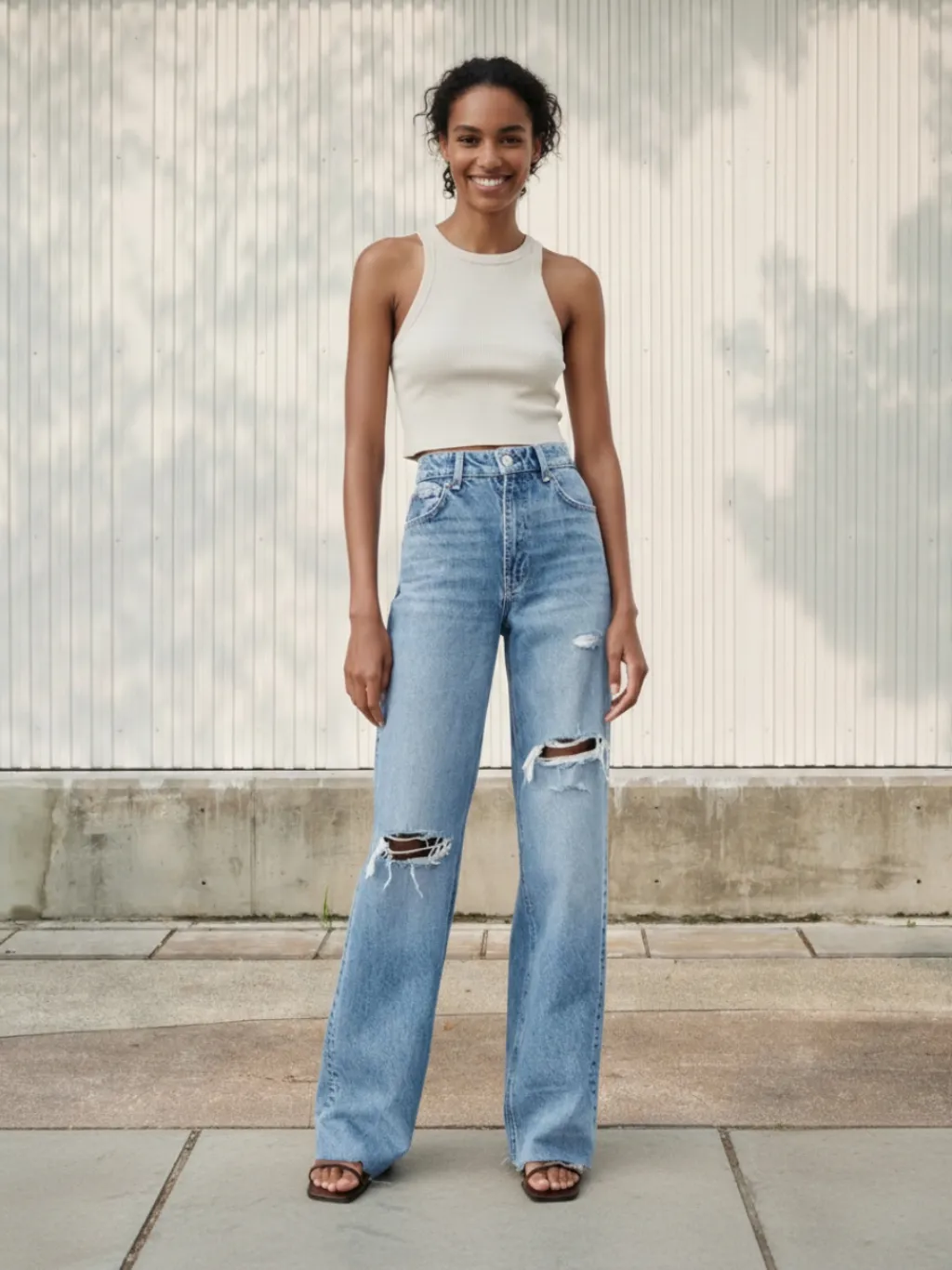 Light Blue High-Waisted Ripped Boyfriend Jeans