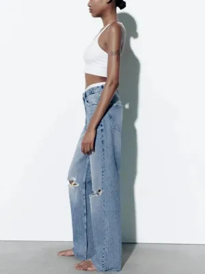 Light Blue High-Waisted Ripped Boyfriend Jeans — view 4
