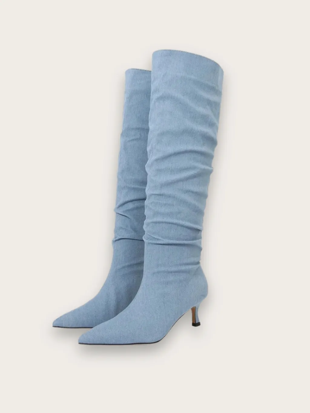 Light Blue Ruched Denim Thigh-High Boots