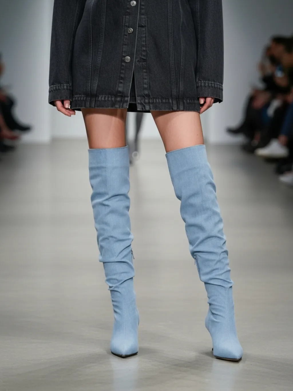 Light Blue Ruched Denim Thigh-High Boots — a pair designed to be worn everywhere