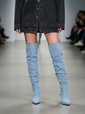 Light Blue Ruched Denim Thigh-High Boots — view 2