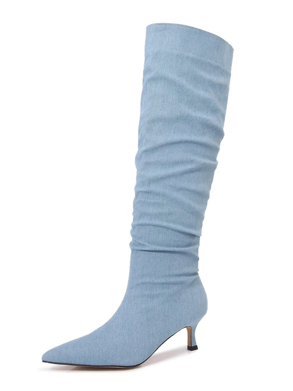 Light Blue Ruched Denim Thigh-High Boots — quality denim, made to last