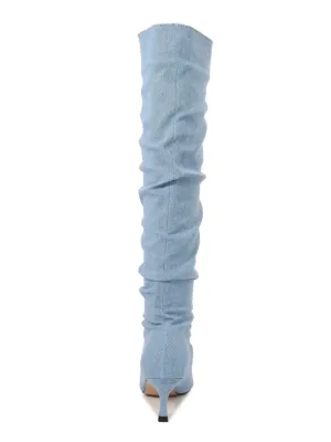 Light Blue Ruched Denim Thigh-High Boots — view 4