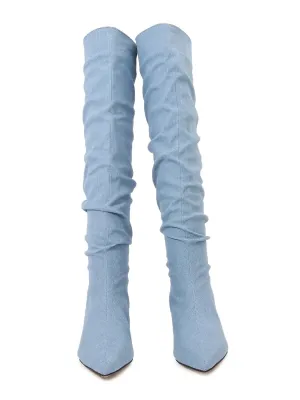 Light Blue Ruched Denim Thigh-High Boots — view 6
