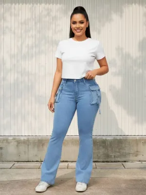 Light Blue Stretch Flared Cargo Jeans — view 1