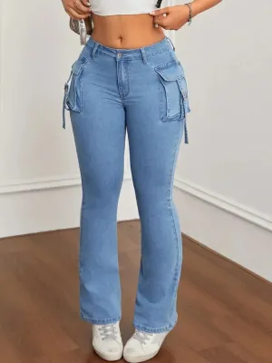 Light Blue Stretch Flared Cargo Jeans — view 2