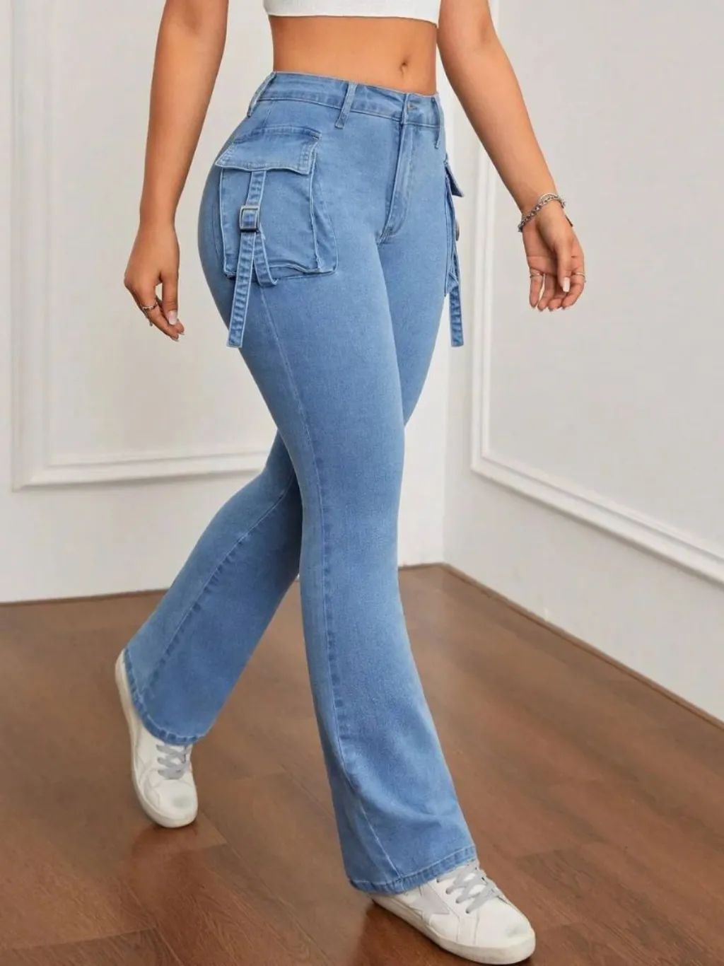 Light Blue Stretch Flared Cargo Jeans — quality denim, made to last