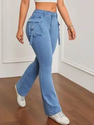 Light Blue Stretch Flared Cargo Jeans — view 3