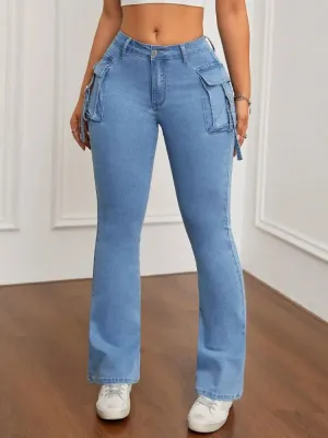 Light Blue Stretch Flared Cargo Jeans — view 4
