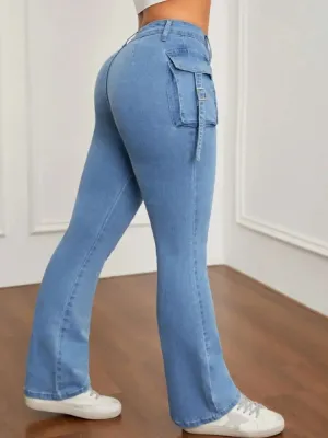 Light Blue Stretch Flared Cargo Jeans — view 5