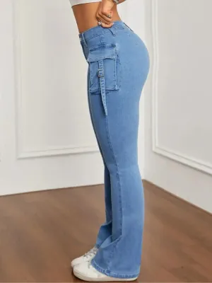 Light Blue Stretch Flared Cargo Jeans — view 6