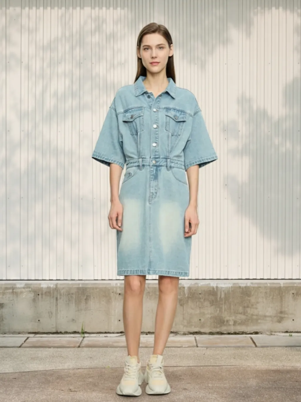 Light Blue Washed Denim Shirt Dress with Belt