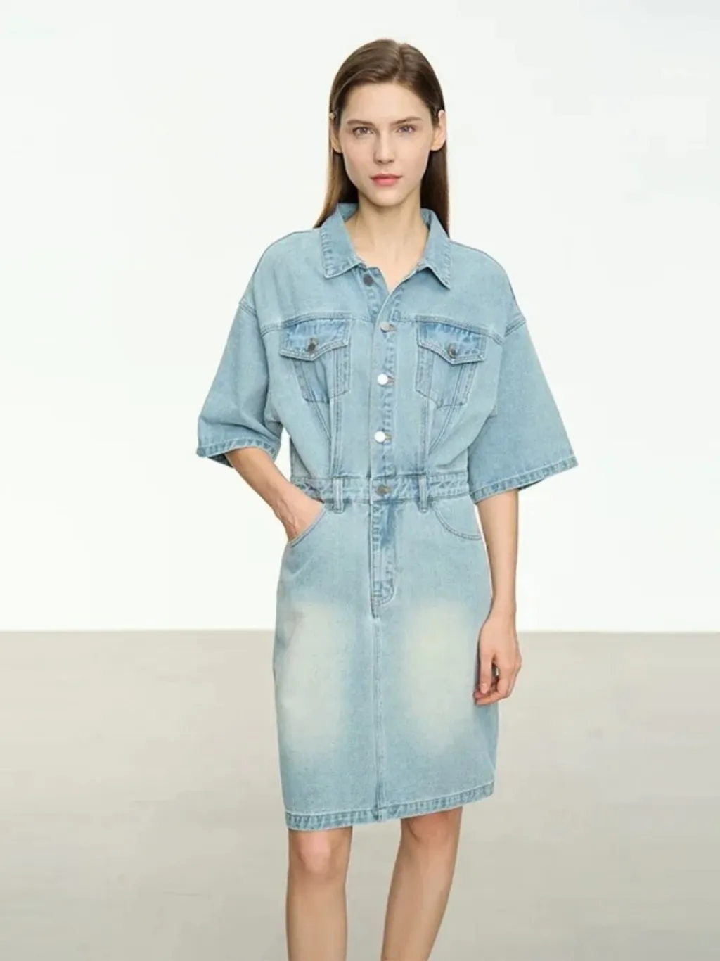 Light Blue Washed Denim Shirt Dress with Belt — quality denim, made to last