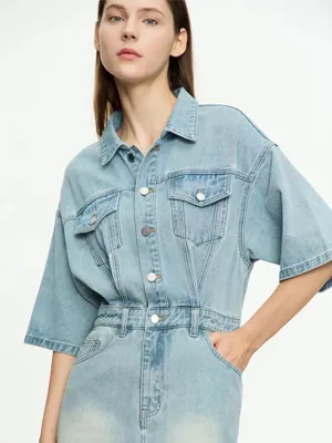 Light Blue Washed Denim Shirt Dress with Belt — view 5