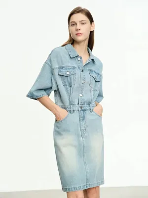 Light Blue Washed Denim Shirt Dress with Belt — view 6