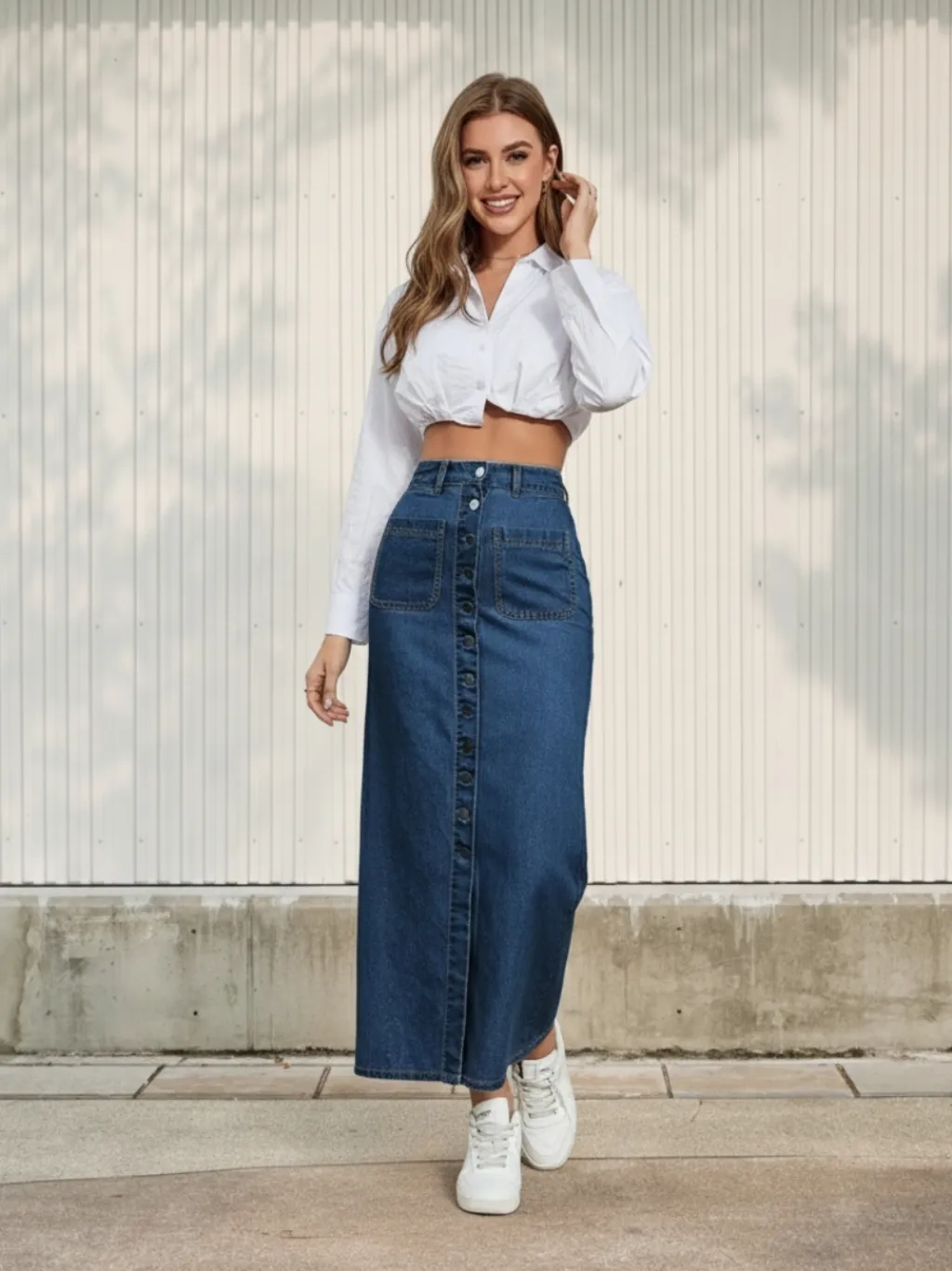 Long Dark Blue Buttoned Denim Skirt