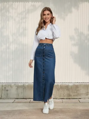 Long Dark Blue Buttoned Denim Skirt — view 1