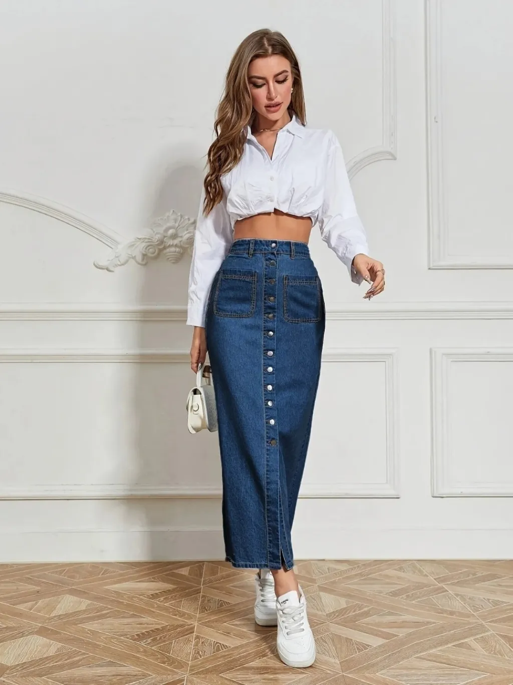 Long Dark Blue Buttoned Denim Skirt — a pair designed to be worn everywhere