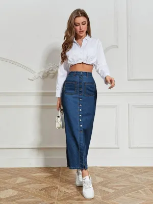 Long Dark Blue Buttoned Denim Skirt — view 2