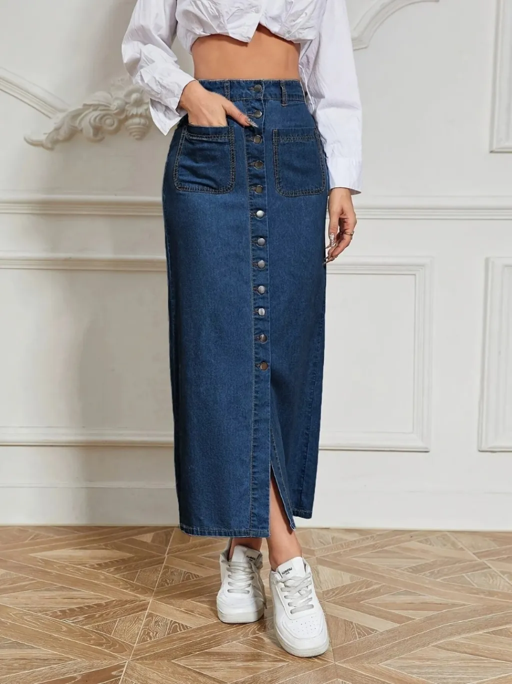 Long Dark Blue Buttoned Denim Skirt — quality denim, made to last