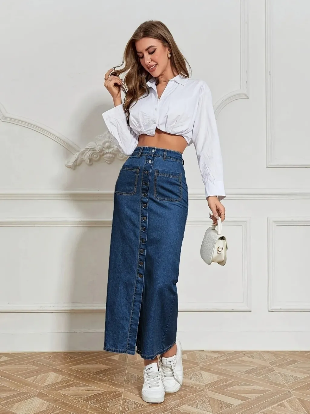 Long Dark Blue Buttoned Denim Skirt — endless ways to style it