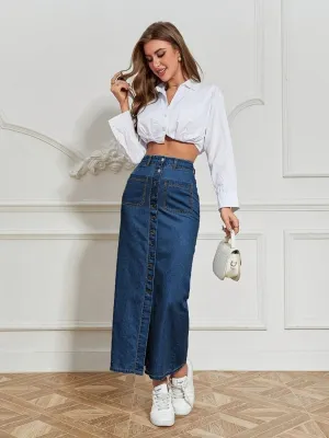 Long Dark Blue Buttoned Denim Skirt — view 4