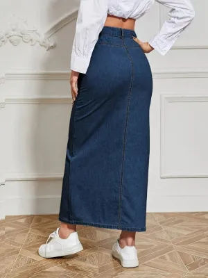 Long Dark Blue Buttoned Denim Skirt — view 5