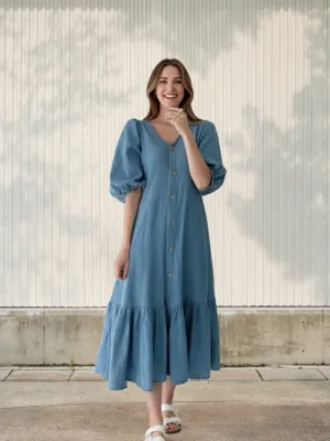 Long Denim Dress with Frills and Puff Sleeves — view 1