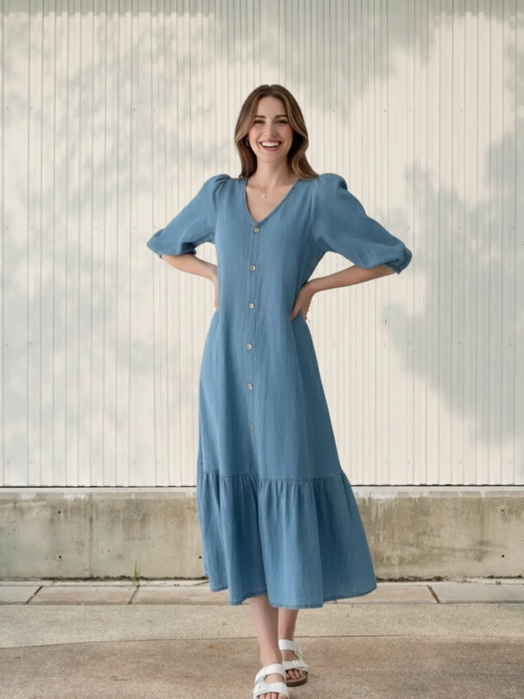 Long Denim Dress with Frills and Puff Sleeves — a pair designed to be worn everywhere