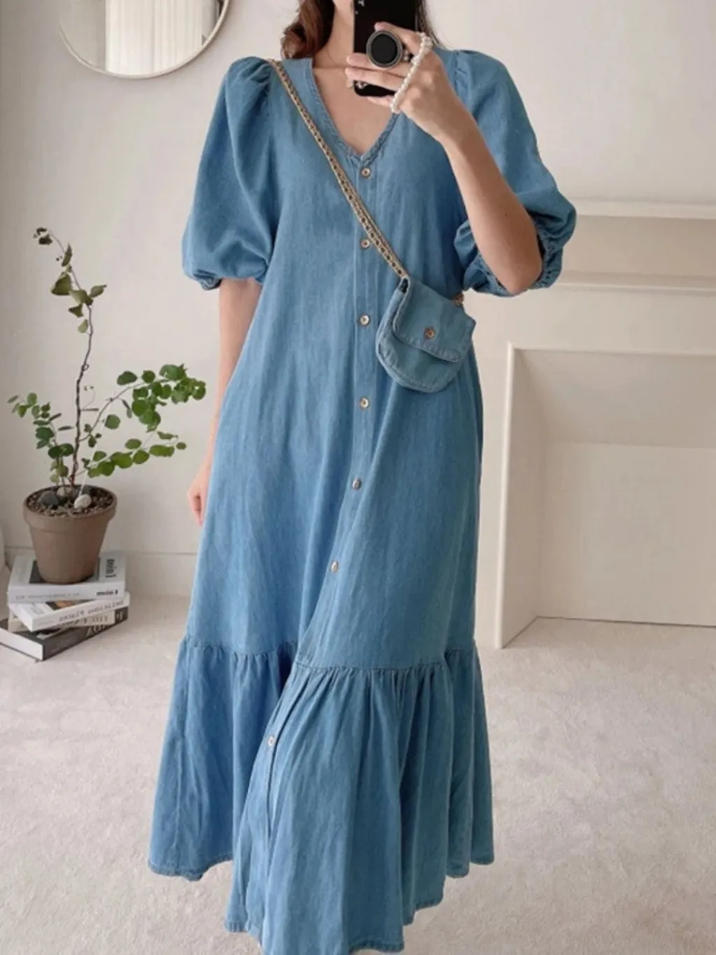 Long Denim Dress with Frills and Puff Sleeves — quality denim, made to last