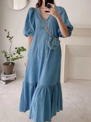 Long Denim Dress with Frills and Puff Sleeves — view 3