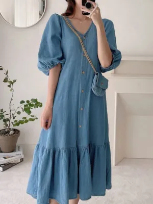 Long Denim Dress with Frills and Puff Sleeves — view 4