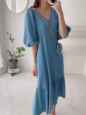 Long Denim Dress with Frills and Puff Sleeves — view 5