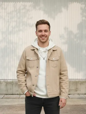Men's Beige Hooded Denim Jacket — view 1