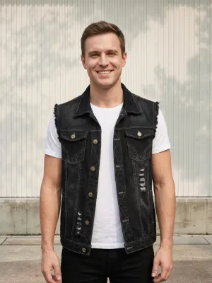 Men's Black Sleeveless Denim Jacket, Contrast Stitching — view 1
