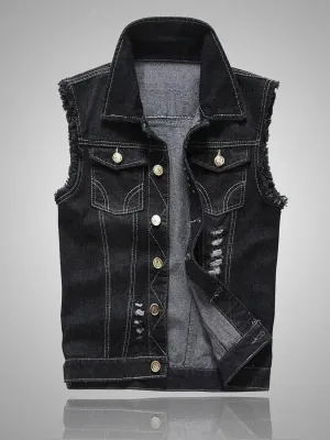Men's Black Sleeveless Denim Jacket, Contrast Stitching — view 2