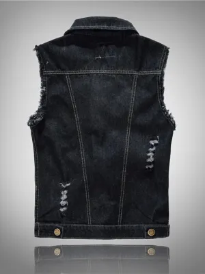 Men's Black Sleeveless Denim Jacket, Contrast Stitching — view 3
