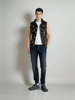 Men's Black Sleeveless Denim Jacket, Contrast Stitching — view 4