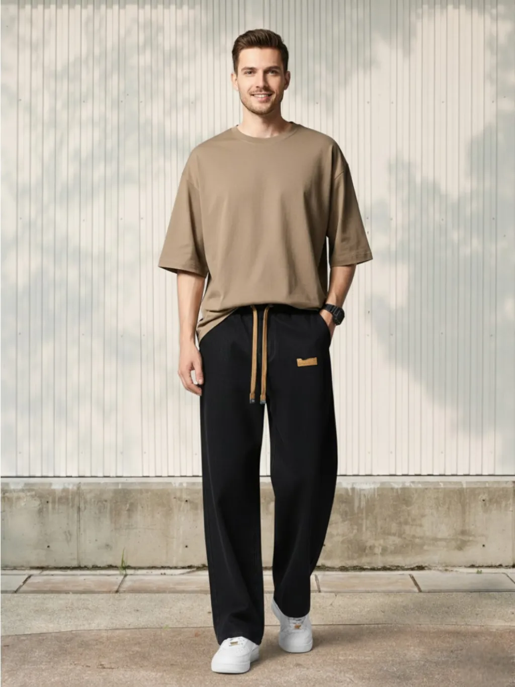 Men's Black Loose Jeans with Elastic Waist & Drawstring