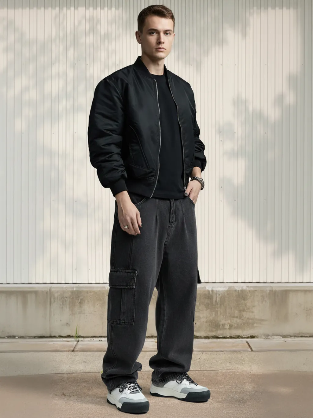 Men's Black Marl Cargo Jeans with Visible Stitching
