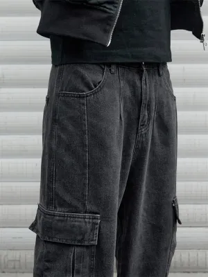Men's Black Marl Cargo Jeans with Visible Stitching — view 2