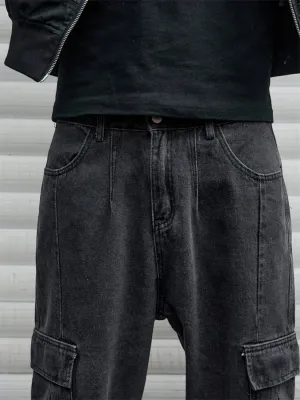 Men's Black Marl Cargo Jeans with Visible Stitching — view 3