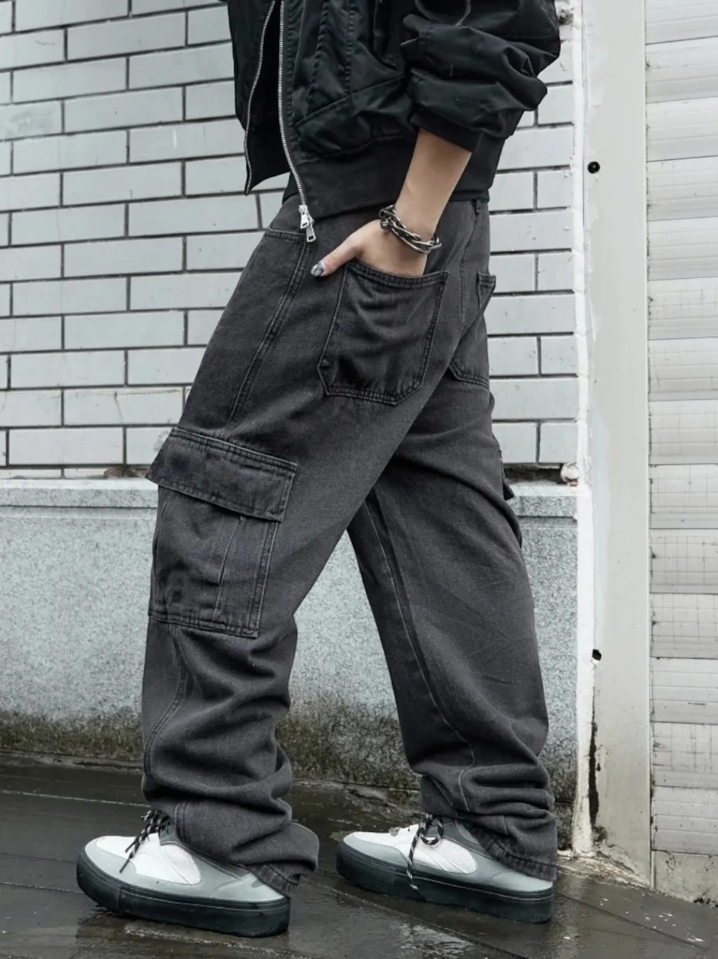 Men's Black Marl Cargo Jeans with Visible Stitching — endless ways to style it
