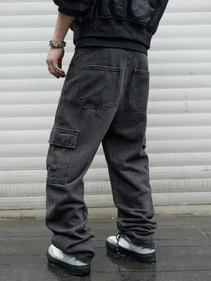 Men's Black Marl Cargo Jeans with Visible Stitching — view 5