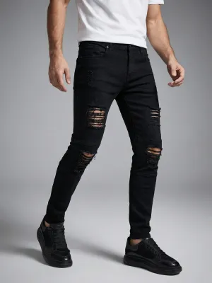 Men's Black Ripped Slim Stretch Motorcycle Jeans — view 2