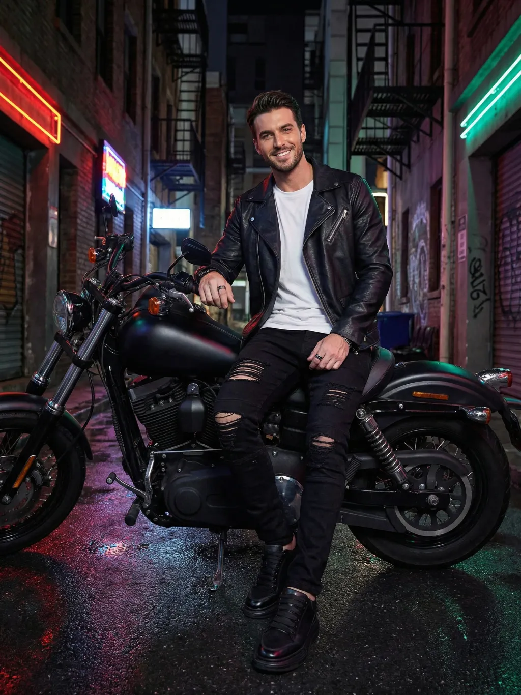 Men's Black Ripped Slim Stretch Motorcycle Jeans — endless ways to style it