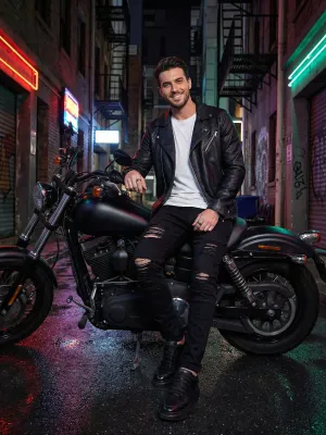 Men's Black Ripped Slim Stretch Motorcycle Jeans — view 4