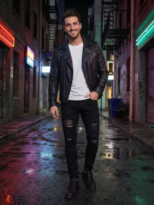 Men's Black Ripped Slim Stretch Motorcycle Jeans — view 5
